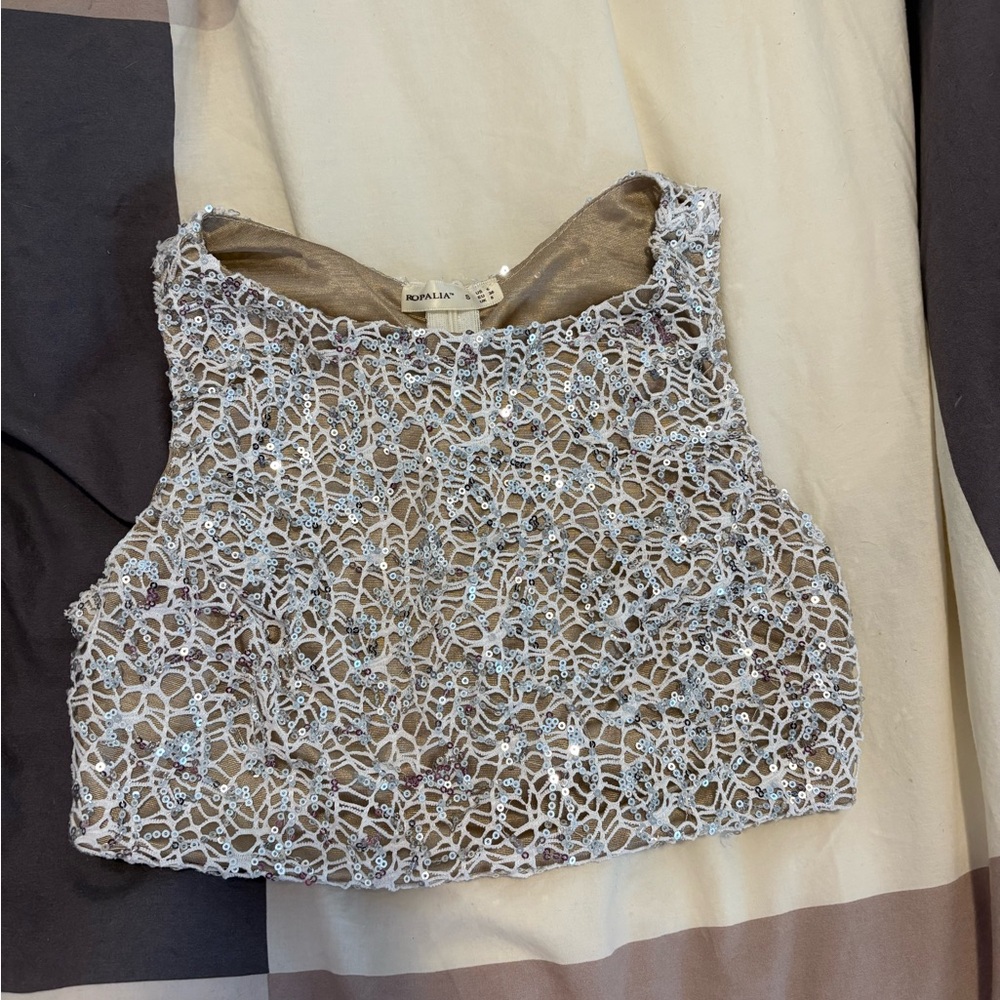 White Sequin Lace Crop Top
